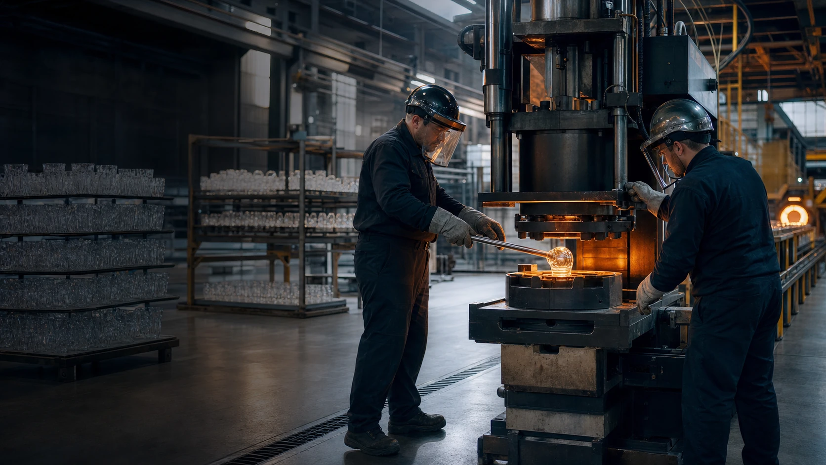 Precision molten glass pressing in a modern production environment